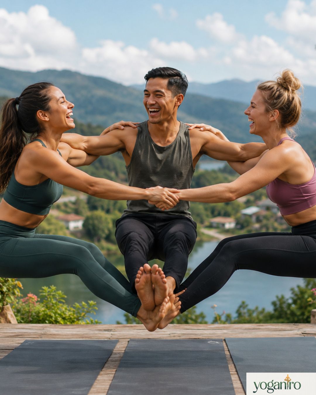 Friends enjoying yoga challenge games and teamwork yoga exercises