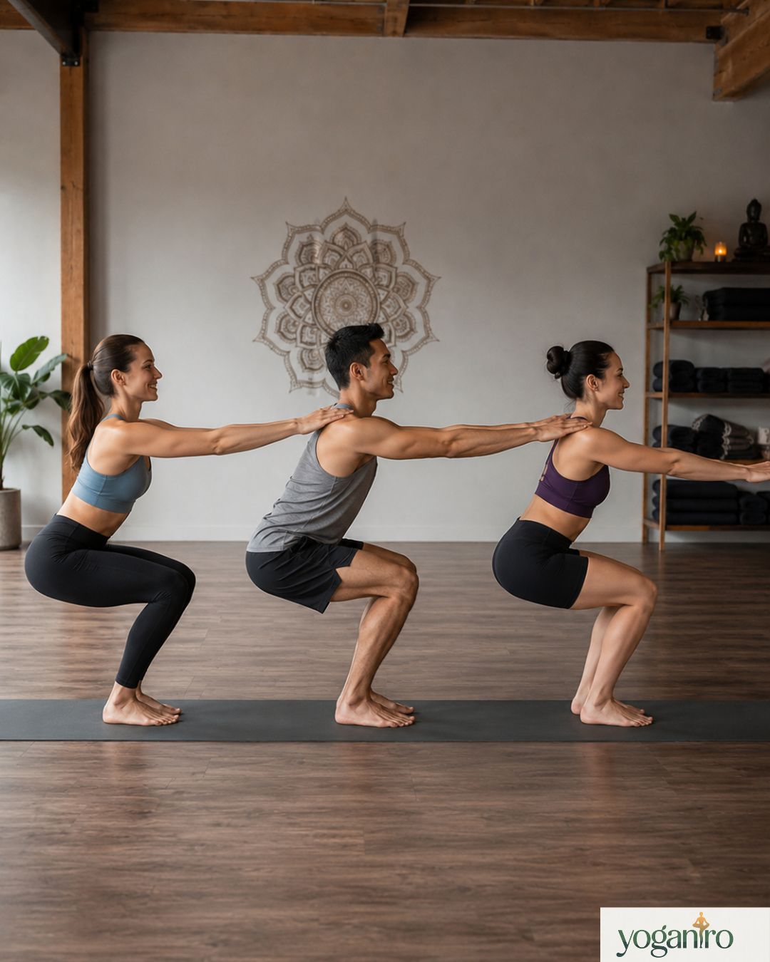 Group yoga teamwork in chair pose showing synchronized strength and stability