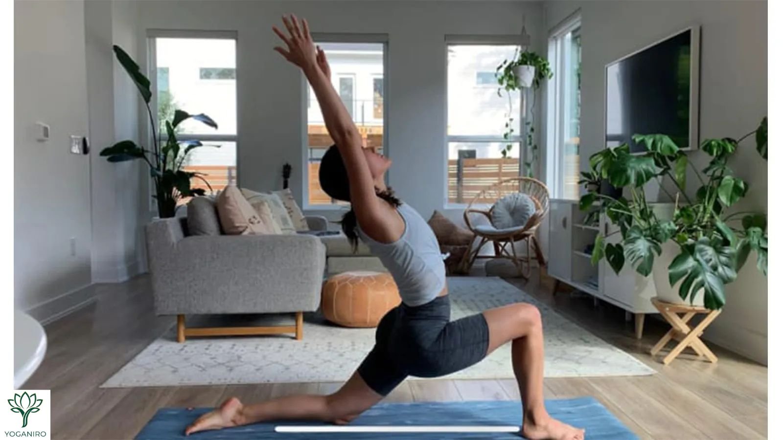 Low Lunge (Anjaneyasana) stretching the hip flexors, a beginner yoga pose.