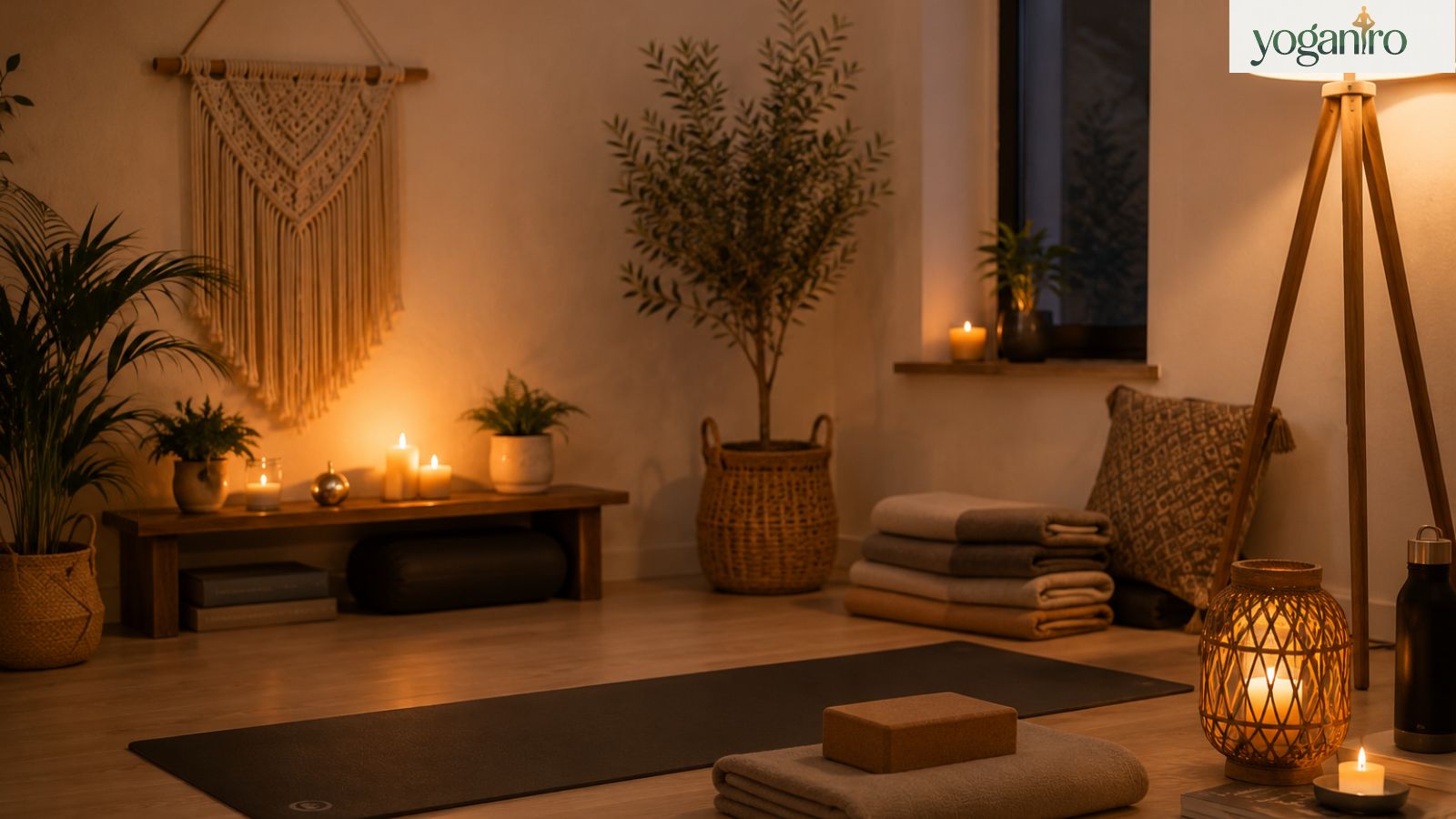 Relaxing home yoga setup for sensual yoga and mindfulness practice