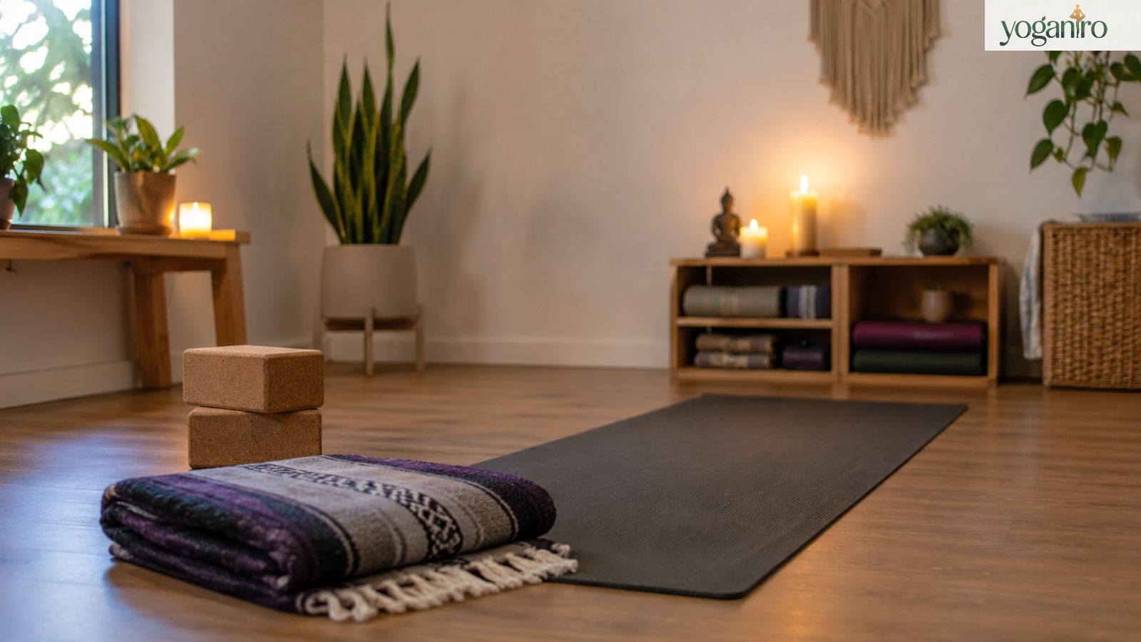 Yoga props and calming practice space setup for beginner sensual yoga
