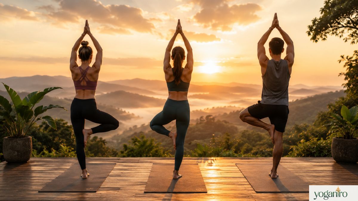 Three people beginning yoga journey together with calm and motivation