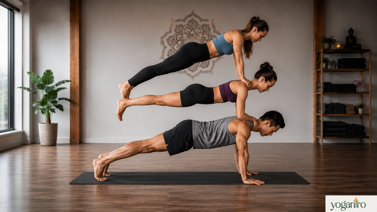 Advanced trio yoga plank stack showing core strength and stability