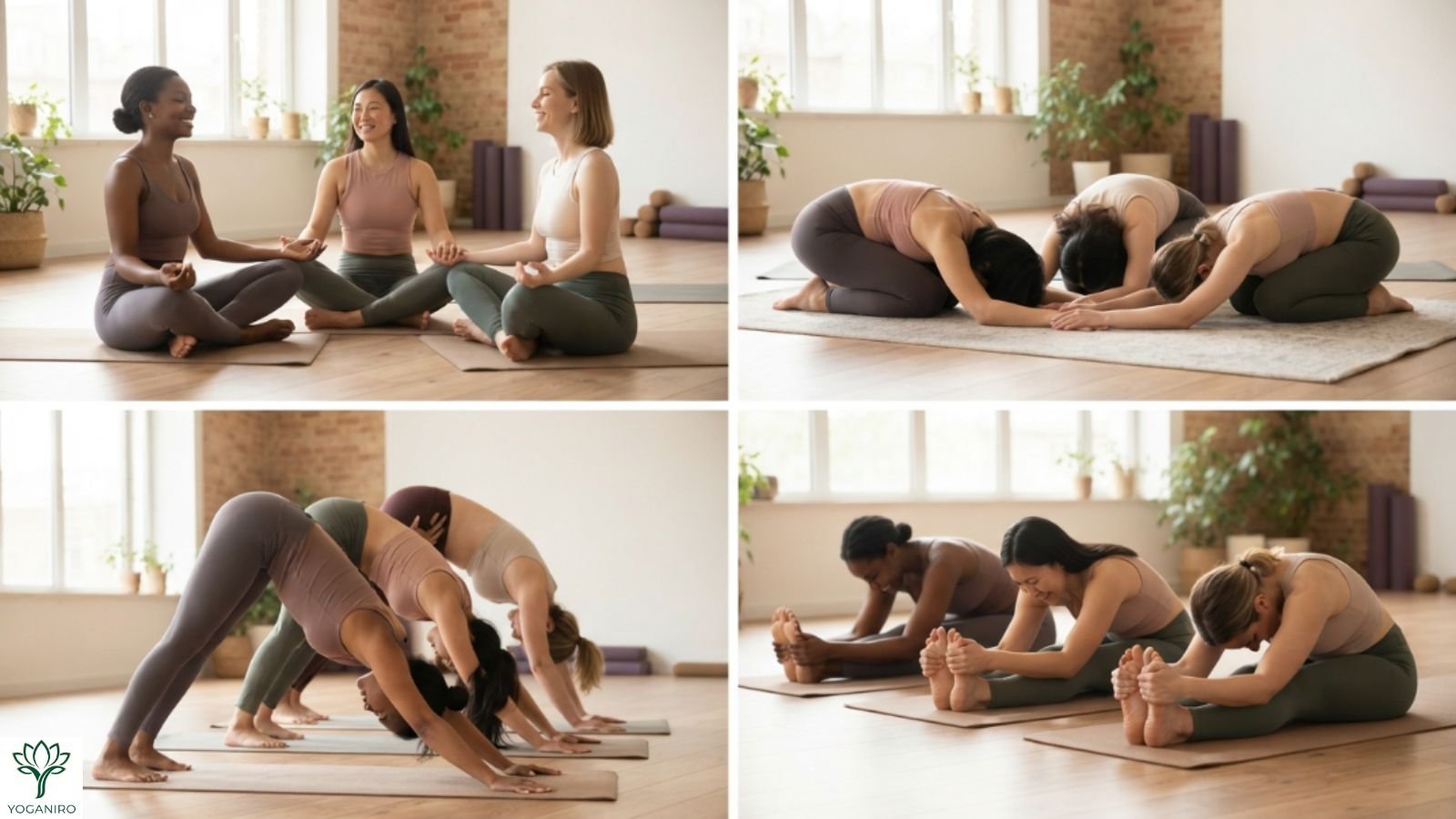 Beginner 3 person yoga poses including Triple Easy Pose and Trio Child's Pose.