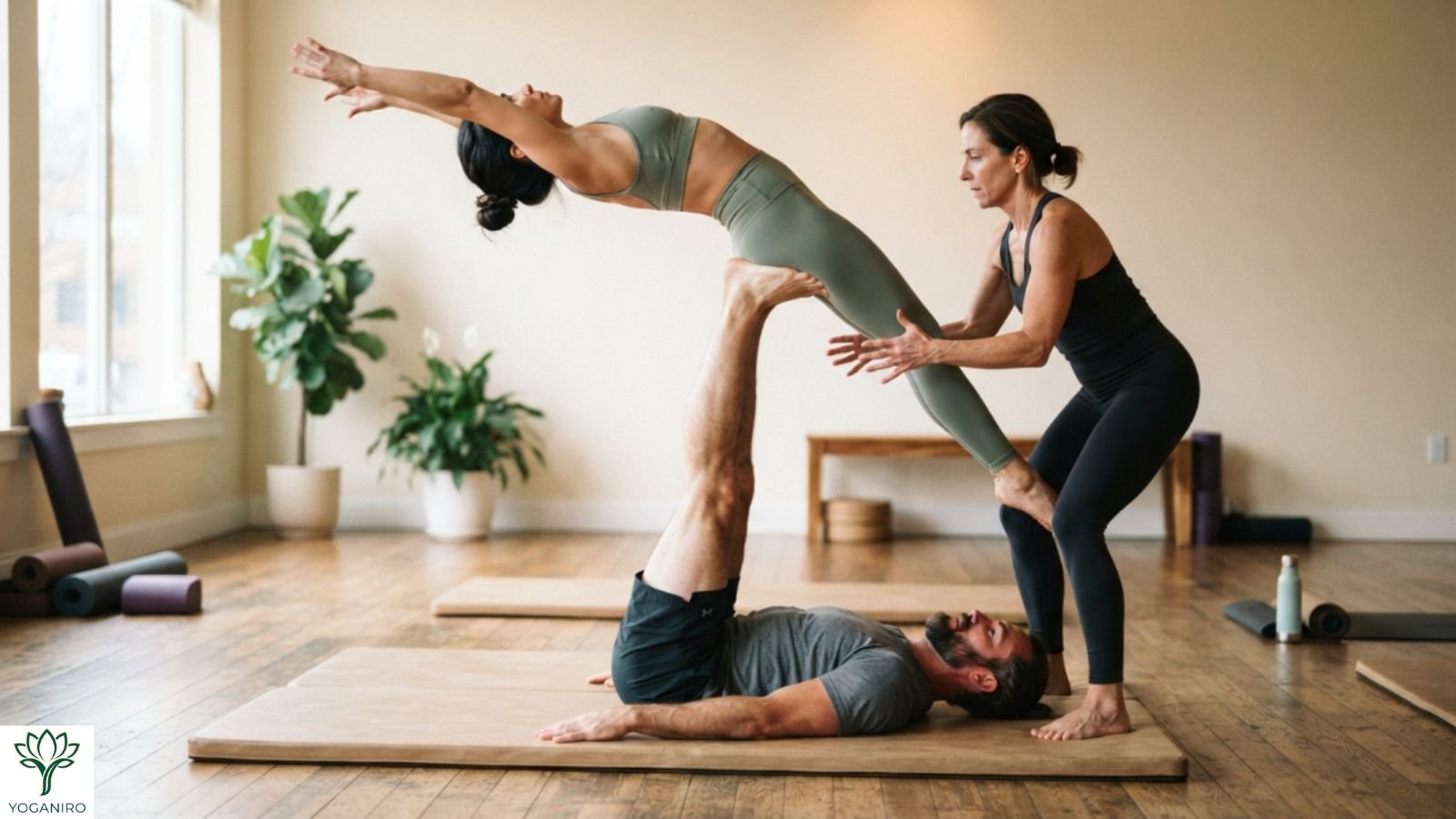 advanced 3 person yoga pose with base flyer and spotter