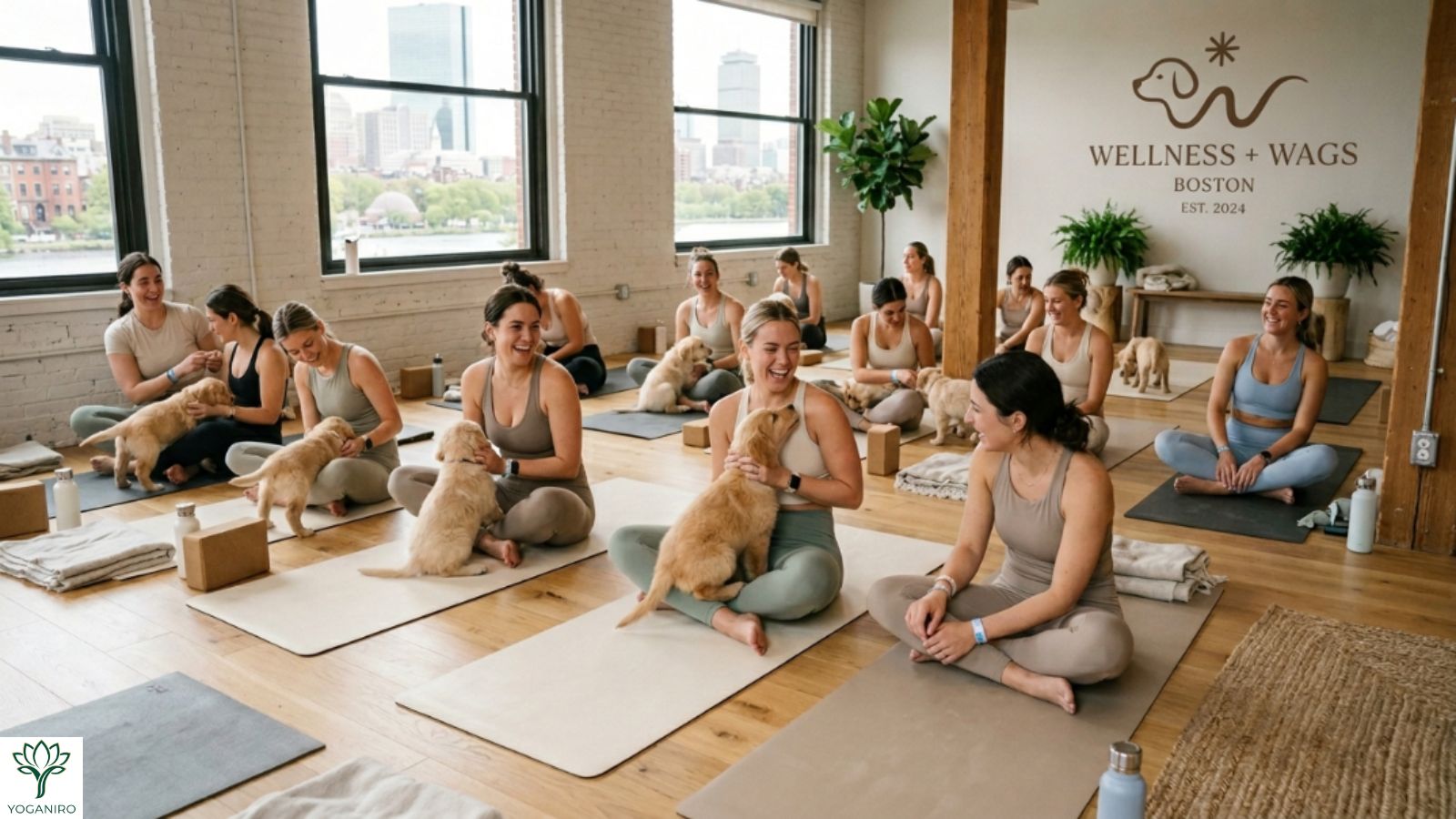 Boston wellness experience combining yoga mindfulness and puppies in modern studio