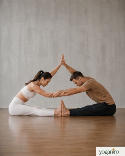 Double Temple Pose partner yoga stretch for flexibility and posture improvement