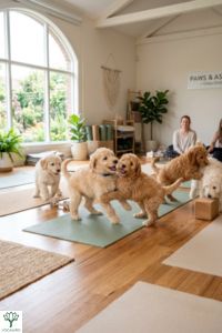GoldenDoodle puppies at Puppy Yoga Boston wellness session playing on yoga mats