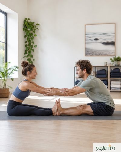 Partner Forward Fold yoga pose for two people improving hamstring flexibility and posture