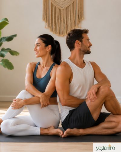 Yoga poses for two people Partner Seated Twist improving spinal flexibility