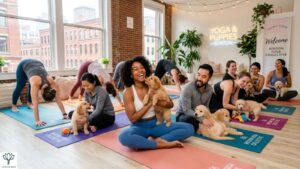 Puppy Yoga Boston class with adorable puppies and beginner-friendly yoga session in modern studio