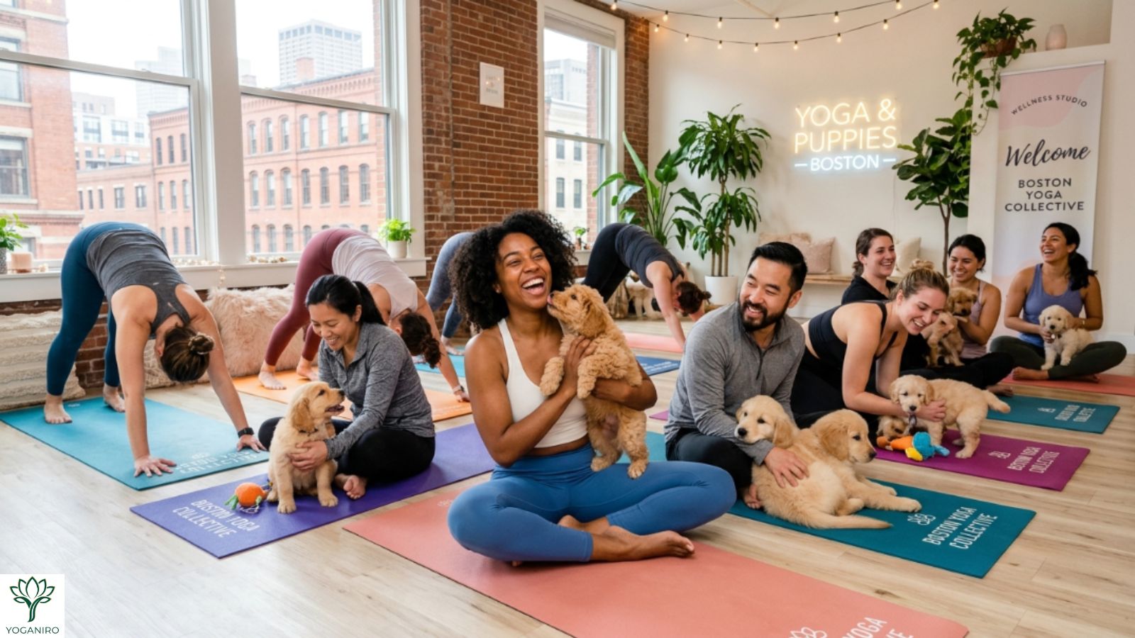 Puppy Yoga Boston class with adorable puppies and beginner-friendly yoga session in modern studio