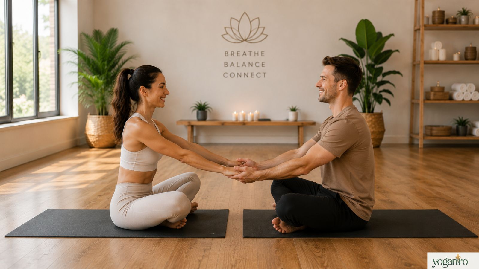 Two people beginning a partner yoga practice together in a peaceful studio