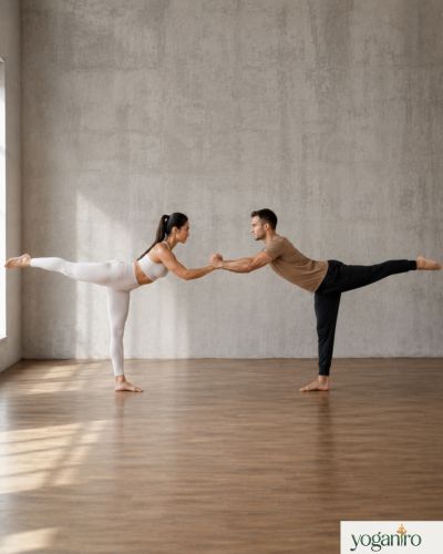 Warrior III partner yoga pose for two people improving balance and core strength