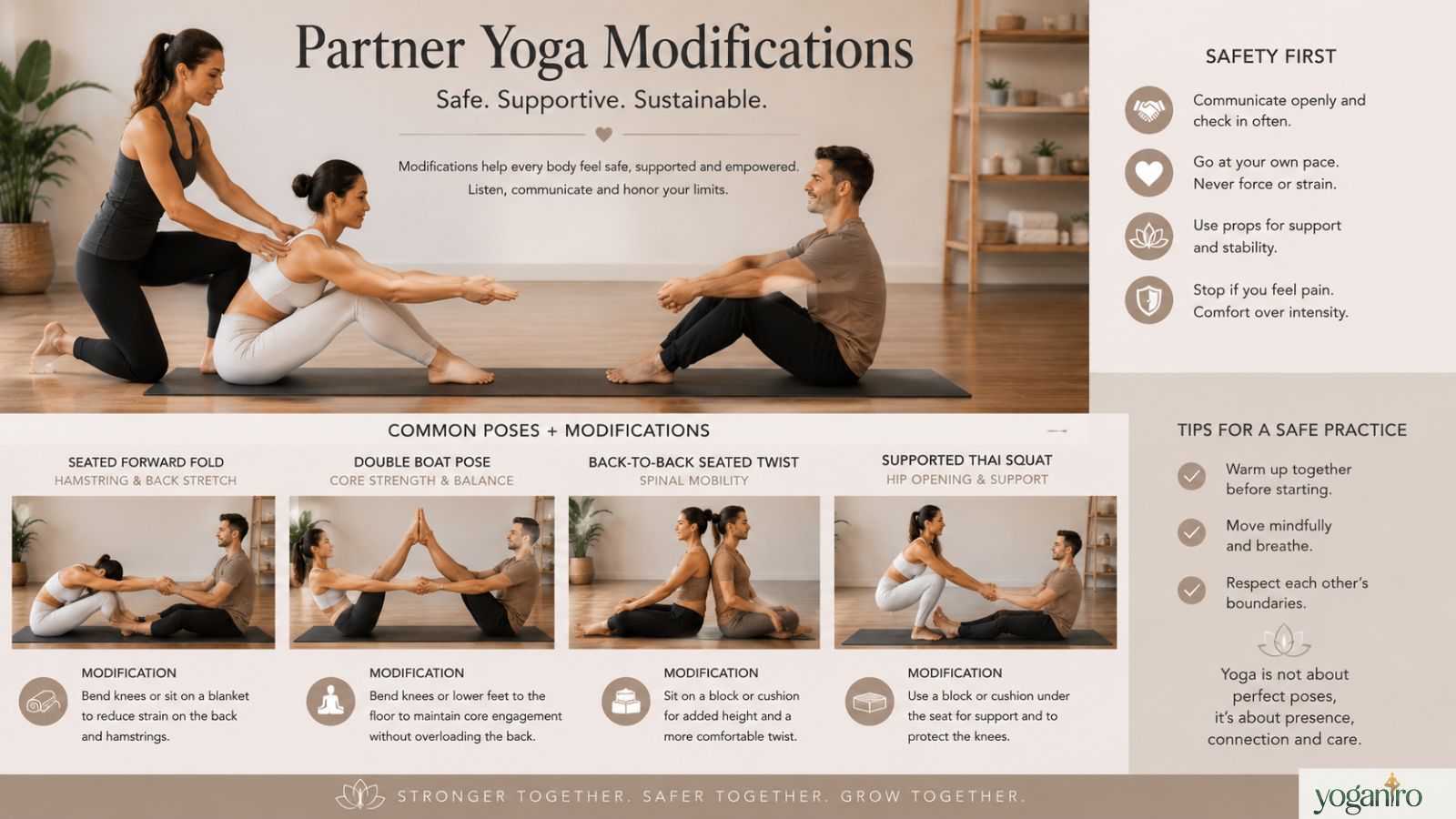 Partner yoga safety considerations and pose modifications for different needs