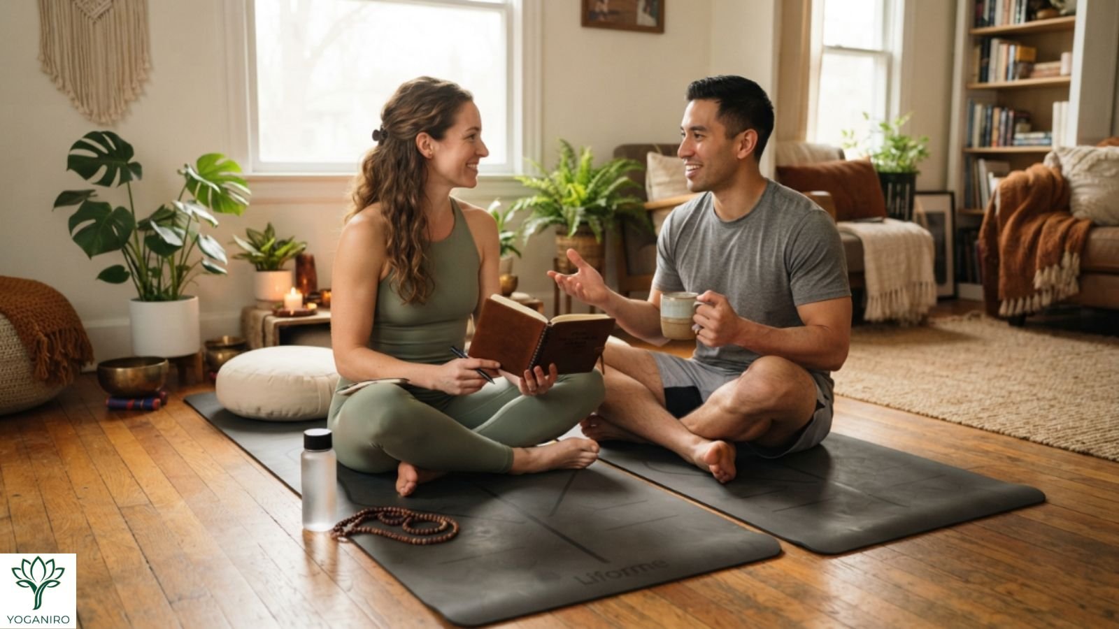 Couple practicing money yoga together.