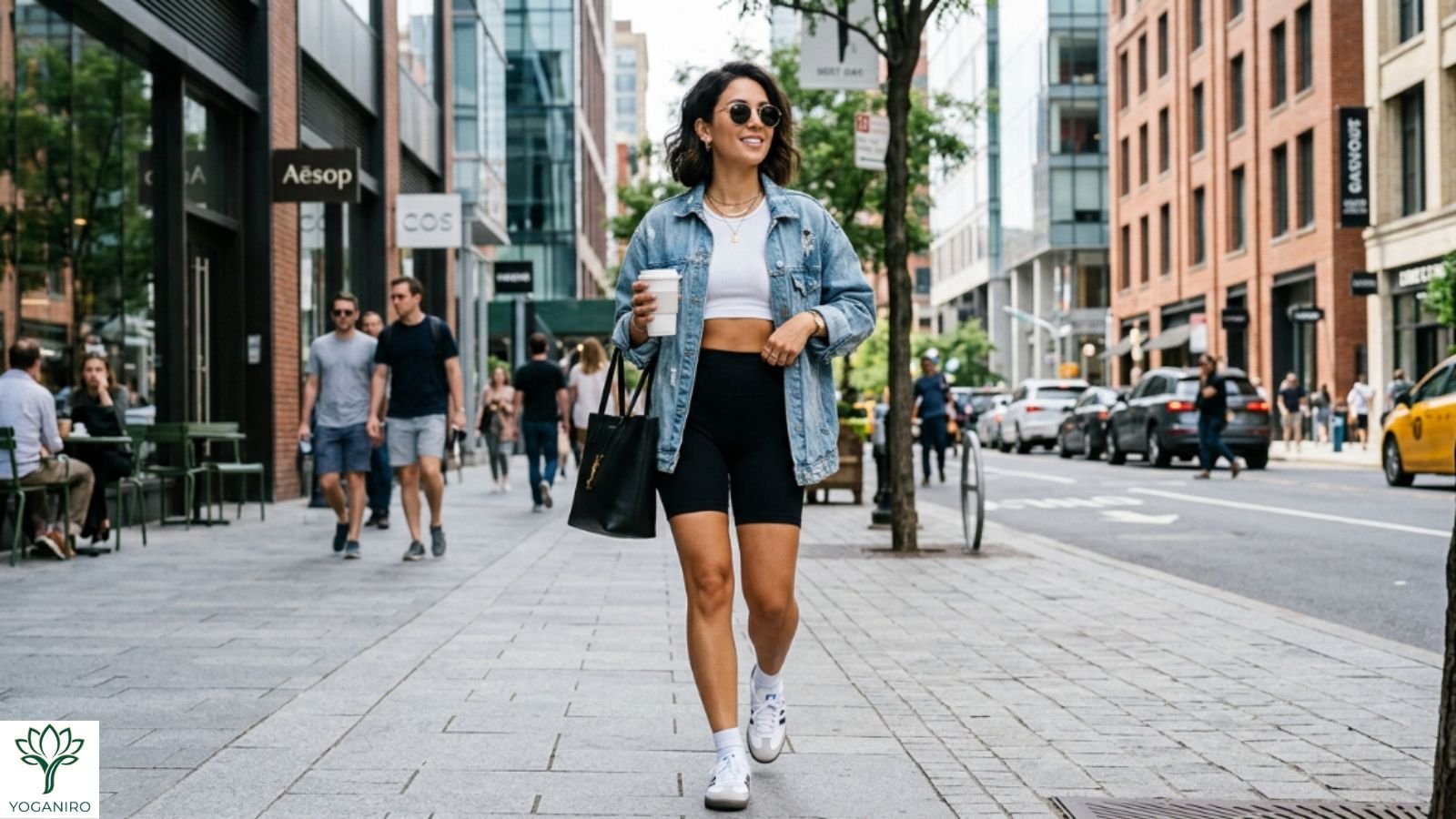 Stylish tops and jackets paired with yoga shorts