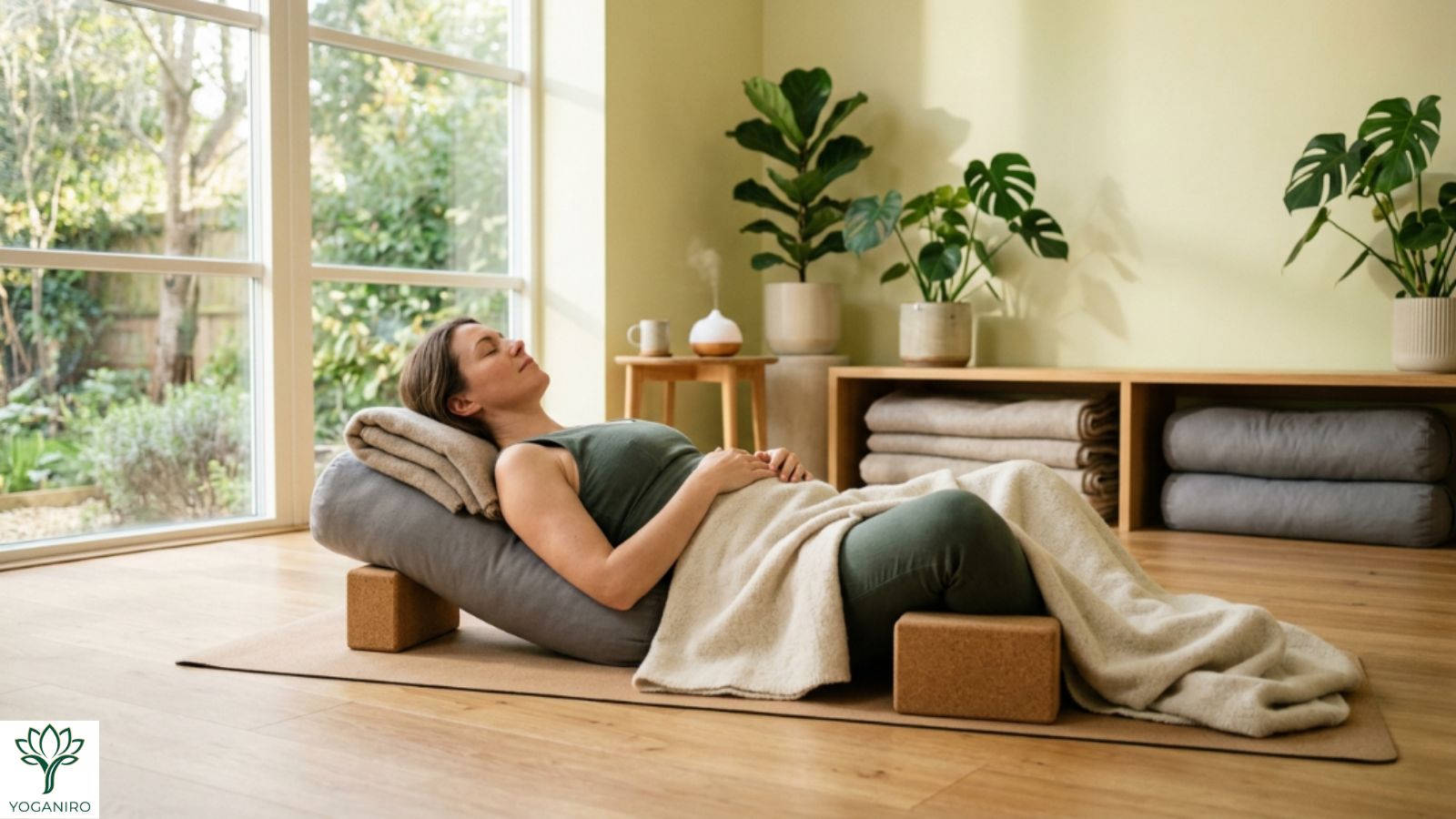 Restorative yoga class designed for relaxation and stress relief