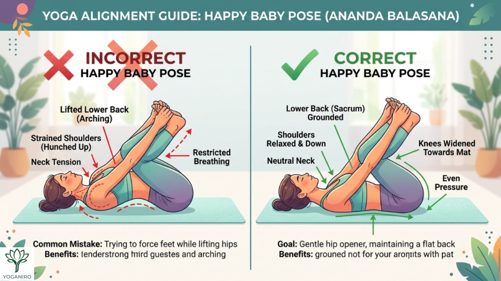 Common Happy Baby Pose mistakes and correct form comparison
