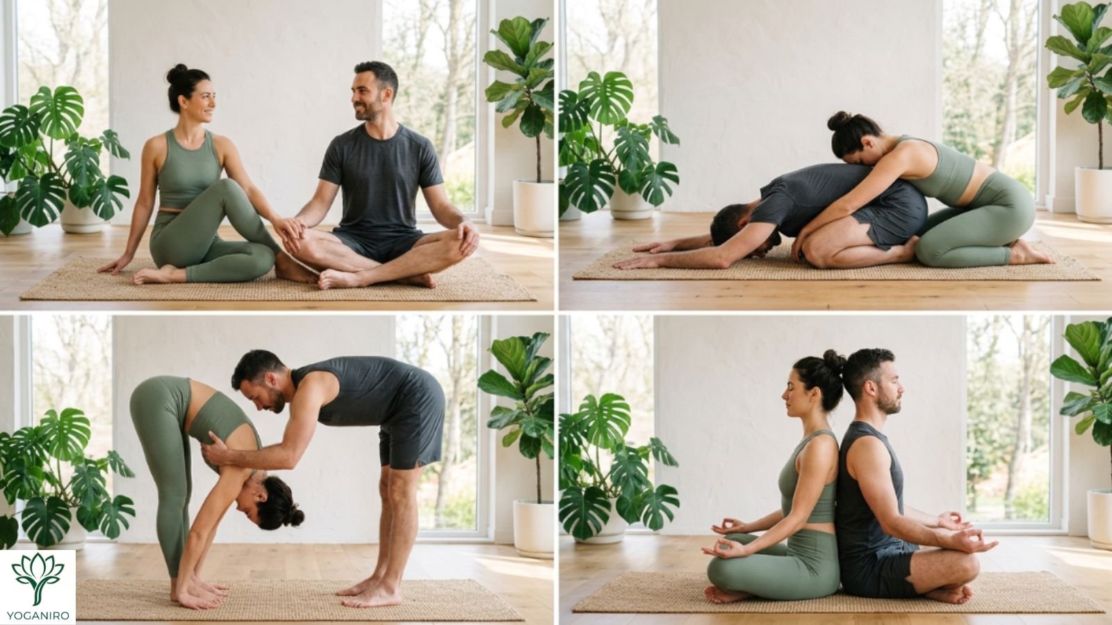 Easy beginner partner yoga poses demonstrated with proper alignment