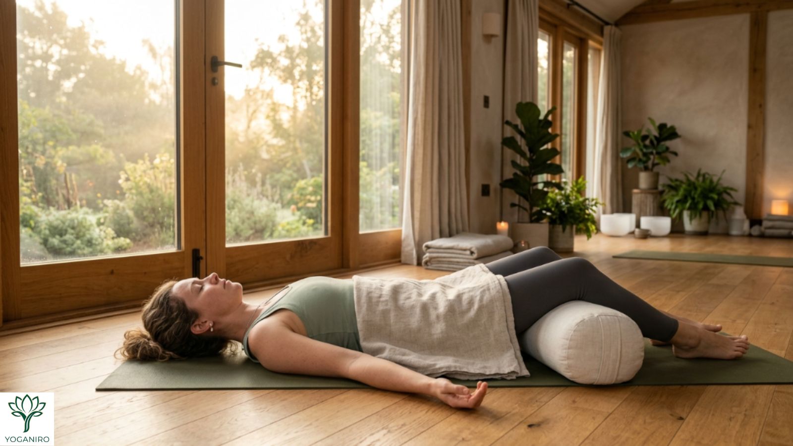 Yoga bolster supporting the knees during a relaxing savasana pose