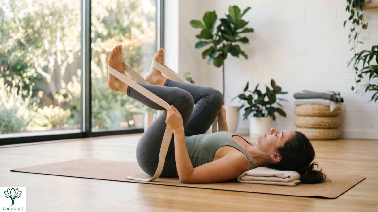 Beginner using yoga straps for Happy Baby Pose modification