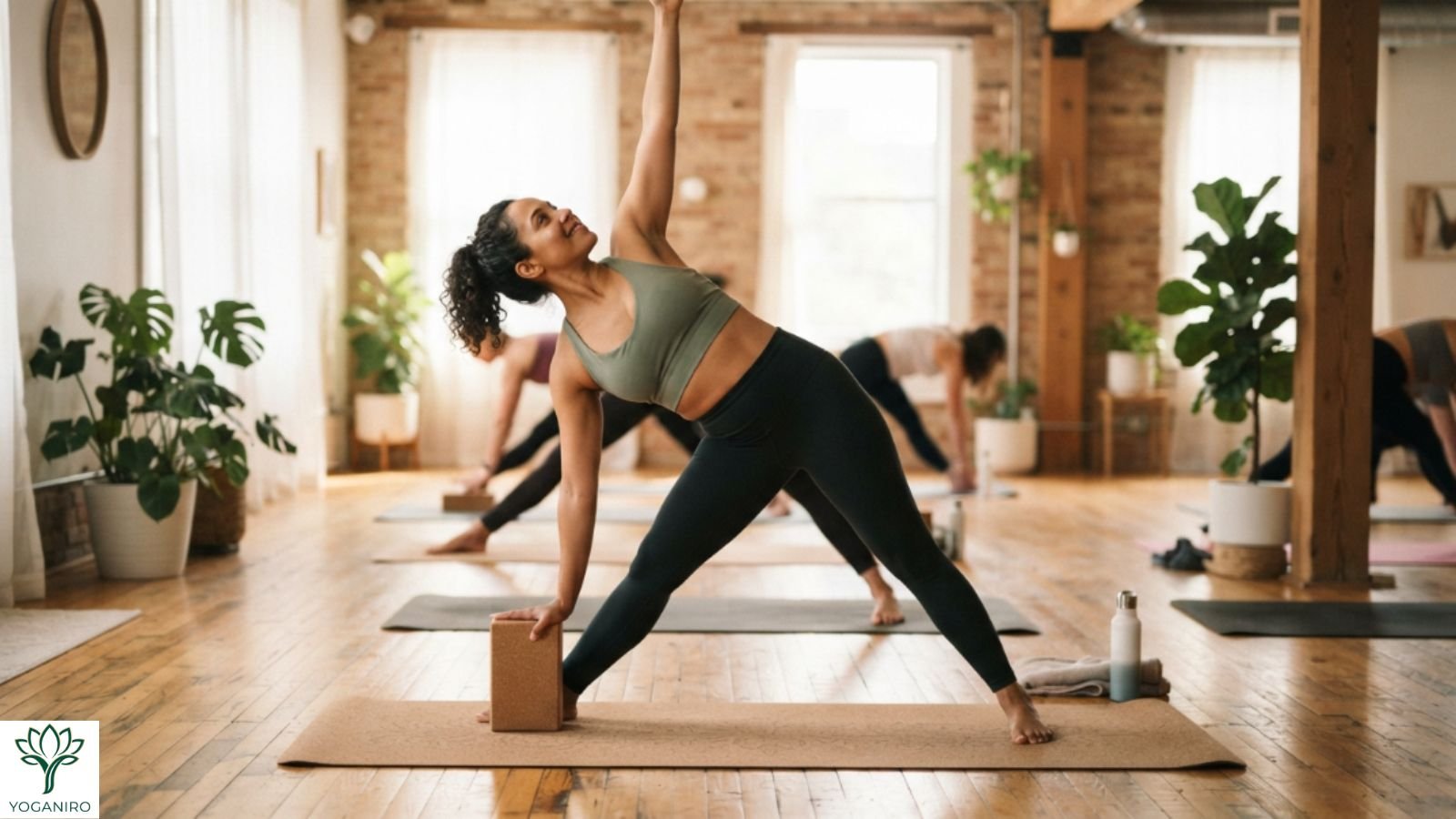 Beginner modification of Triangle Pose using a yoga block for support.