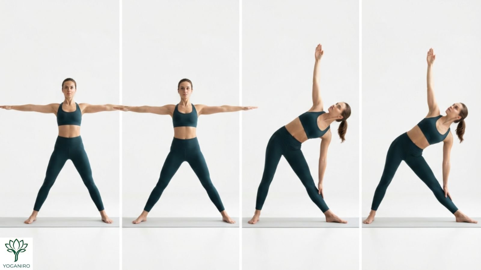 Step-by-step progression for performing Triangle Pose correctly.