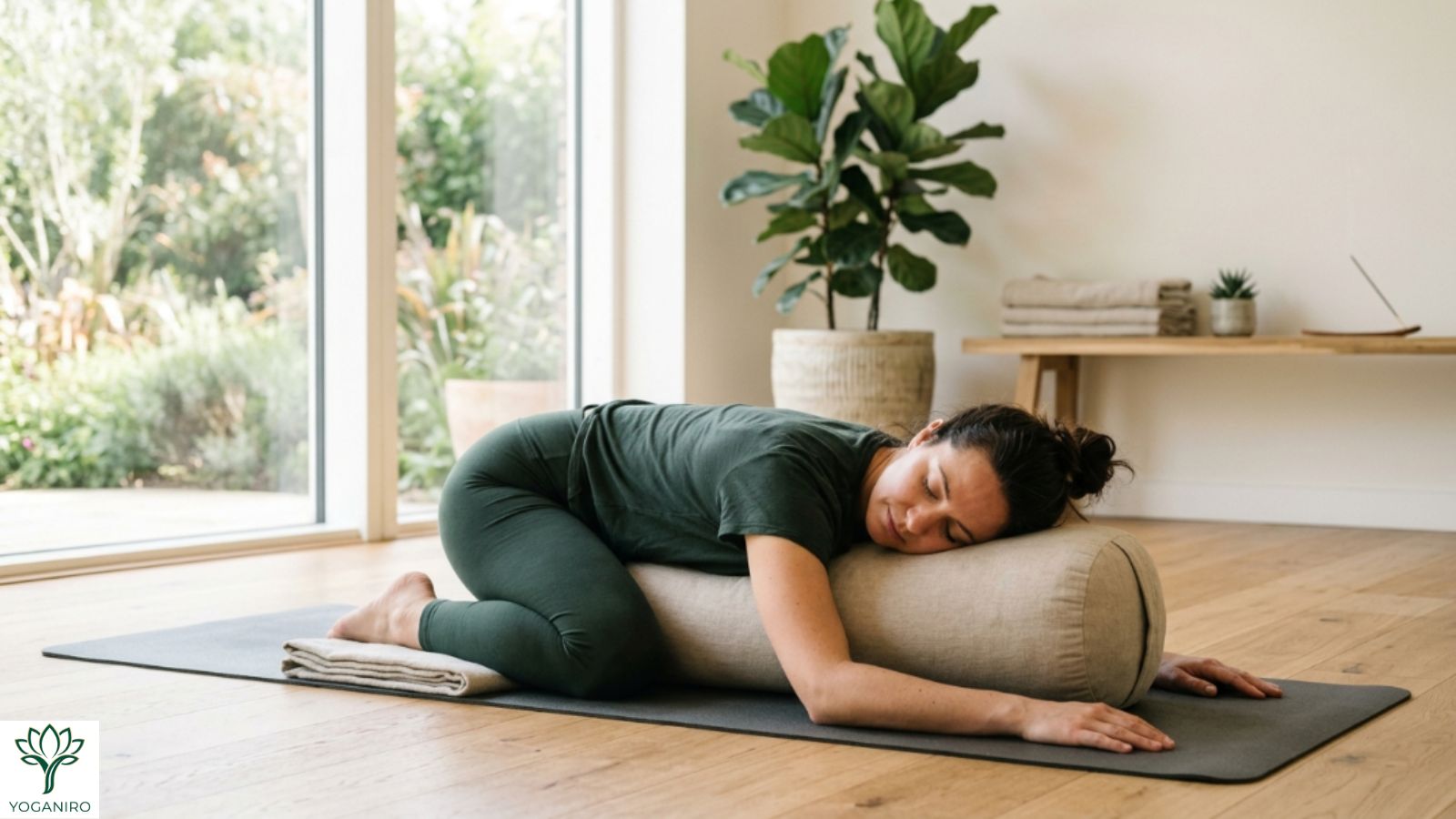 Woman using a yoga bolster in supported child's pose