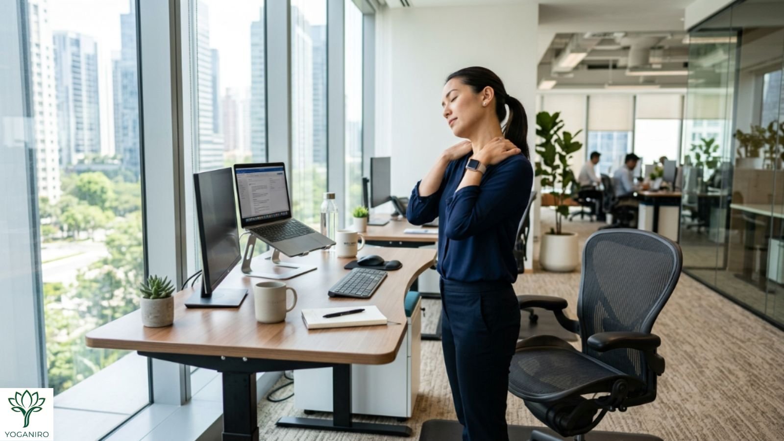 Office worker performing desk stretches for better posture