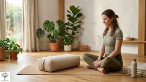 Yoga bolster used during a restorative yoga practice in a peaceful studio