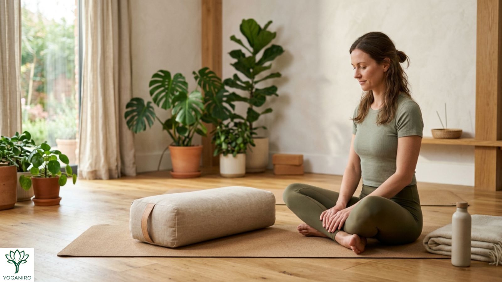 Yoga bolster used during a restorative yoga practice in a peaceful studio