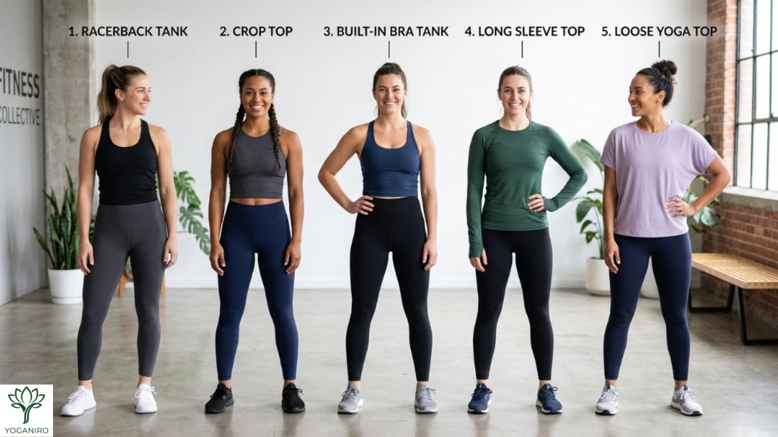Different styles of yoga tops for women