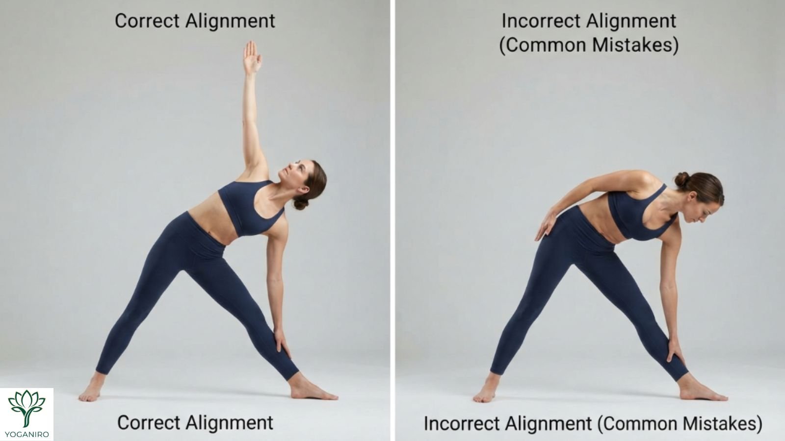 Correct and incorrect Triangle Pose alignment comparison.