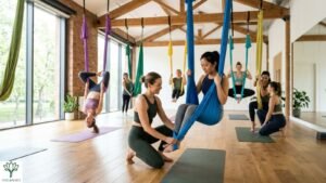 Aerial yoga for beginners learning supported inversions with a yoga hammock