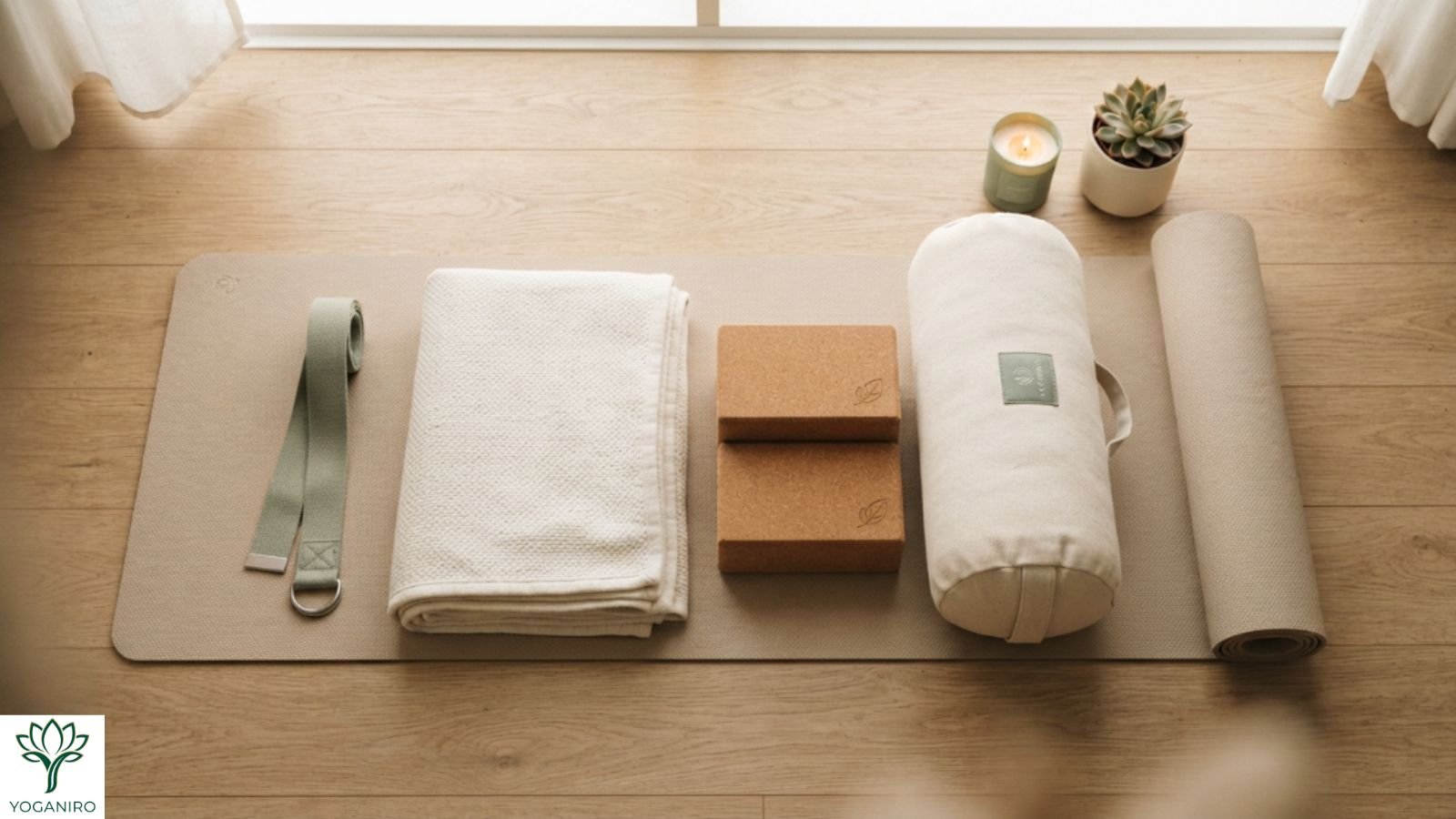 Essential yin yoga props including bolster, blocks, blanket, and strap