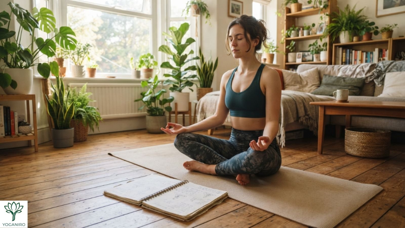 Beginner practicing a 10-minute money yoga routine.