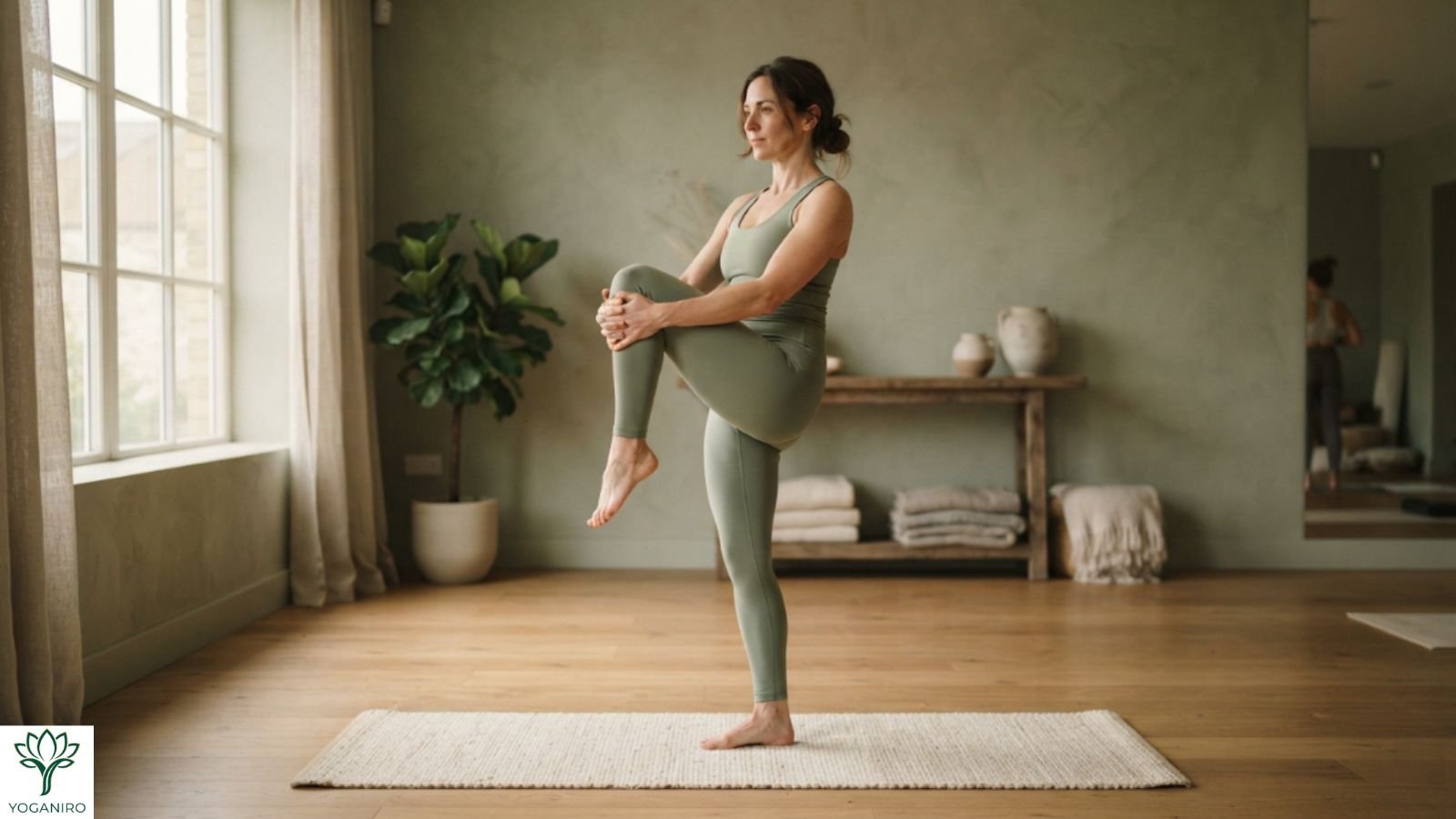 Woman performing a gentle hip mobility warm-up before yoga