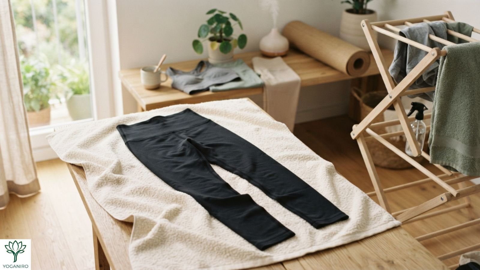 Yoga leggings air drying flat as part of a care routine
