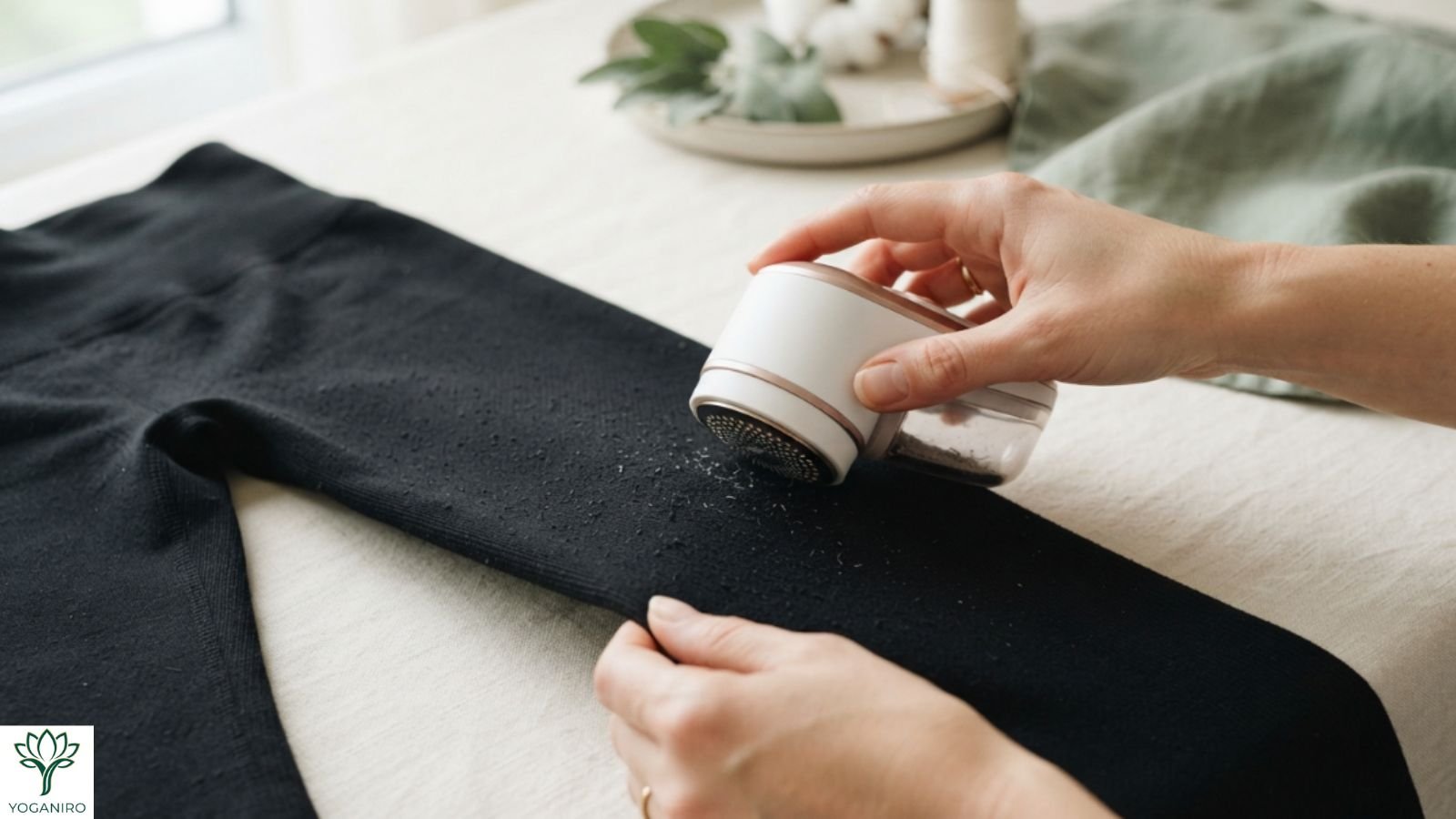Removing pilling from yoga leggings with a fabric shaver