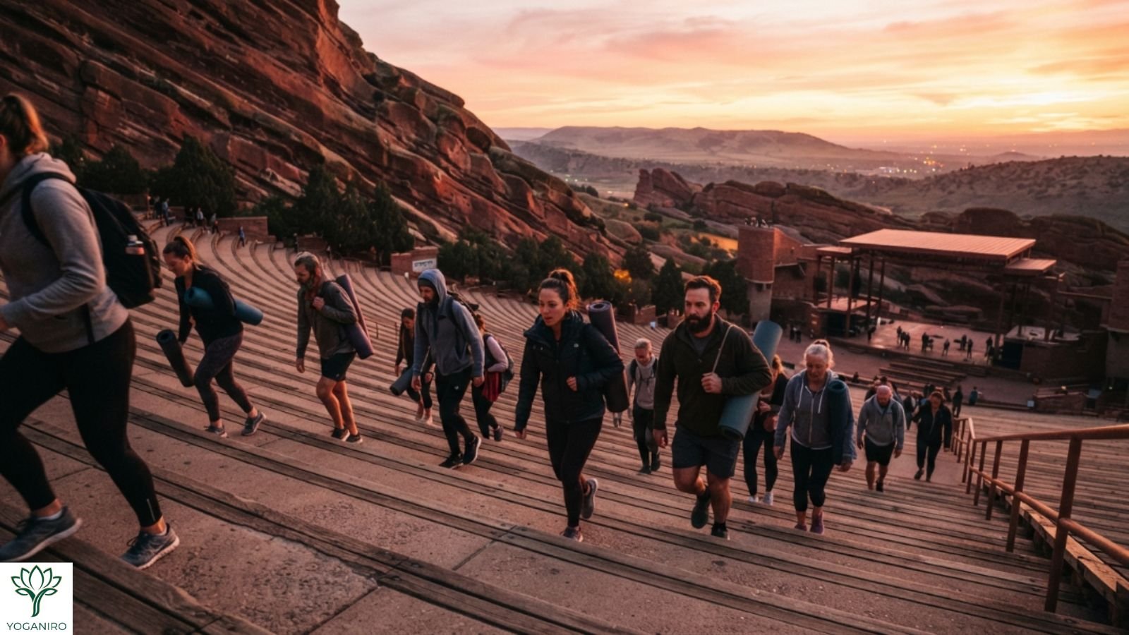 Climbing Red Rocks Amphitheatre stairs before Yoga on the Rocks