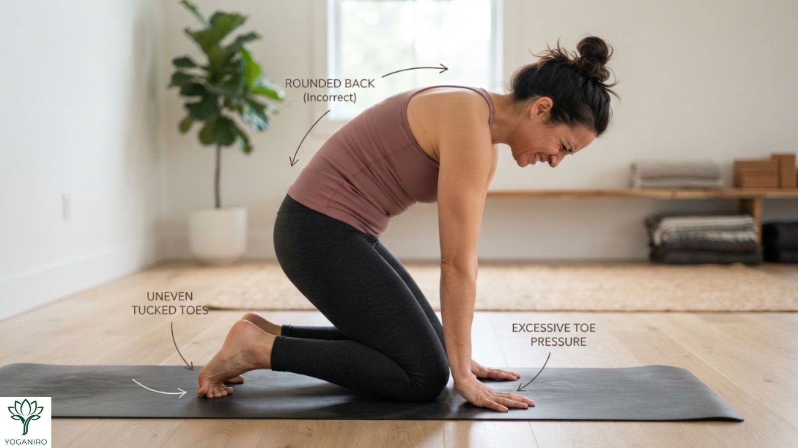 Woman demonstrating common Screaming Toe Pose mistakes